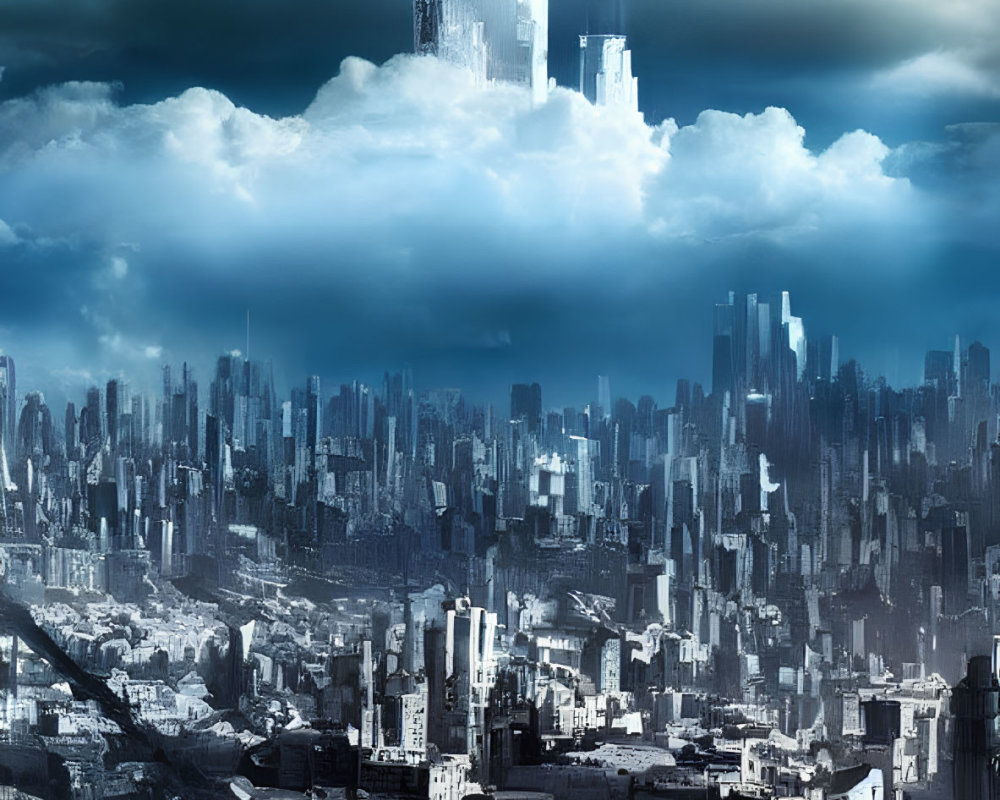 Futuristic cityscape with towering skyscrapers and urban structures