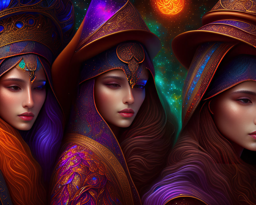 Three Women with Ornate Headdresses in Cosmic Setting: Vibrant Colors & Intricate Patterns