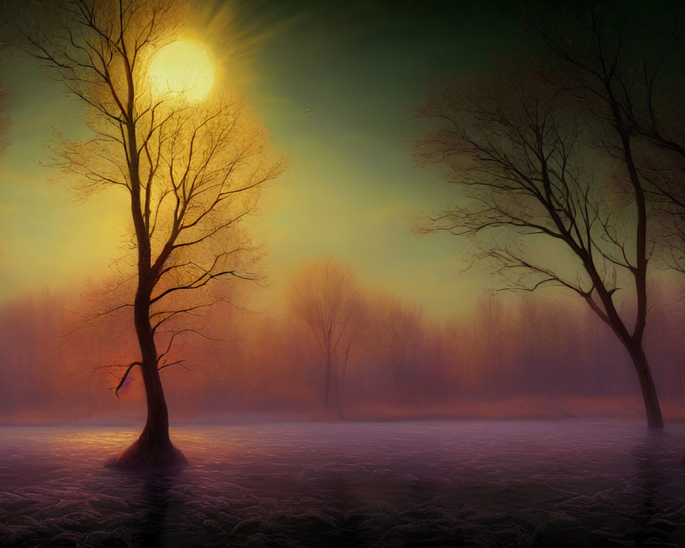 Ethereal forest scene at dusk or dawn with mist and glowing sun