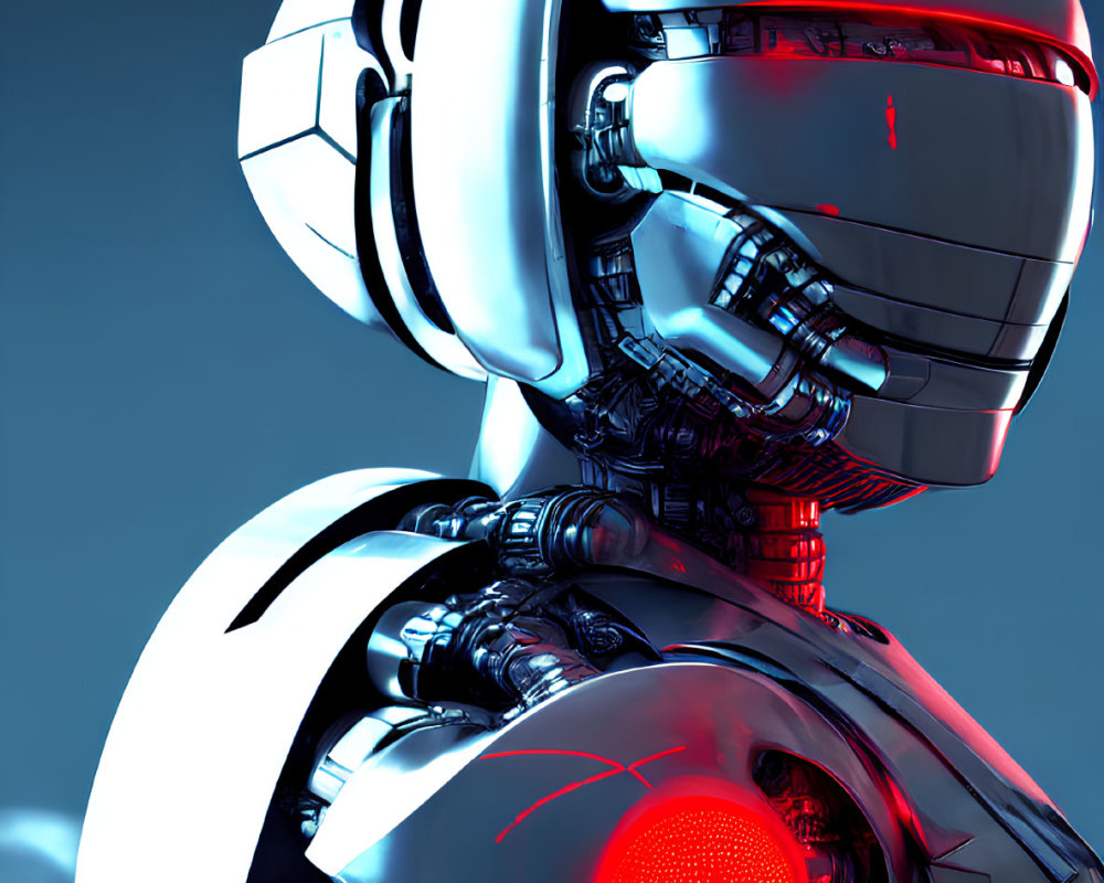 Reflective white and black futuristic robotic figure with red glowing elements on blue background