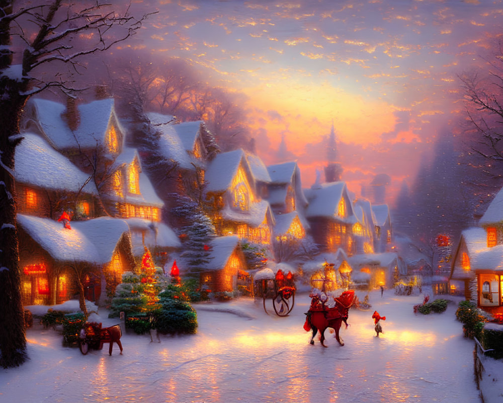 Snow-covered cottages and horse-drawn sleigh in winter sunset scene