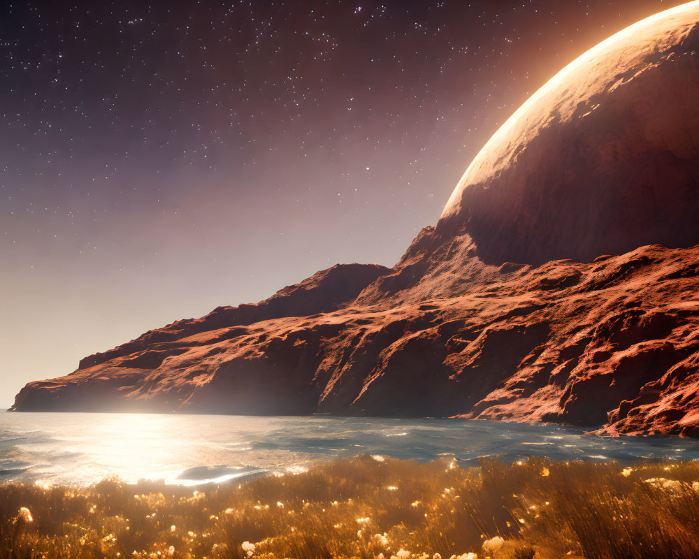 Extraterrestrial landscape with red planet, rocky shoreline, glowing plants