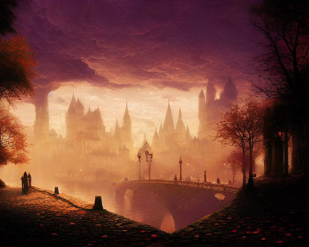 Mystical cityscape at dusk: silhouettes, cobblestone path, bridge, go