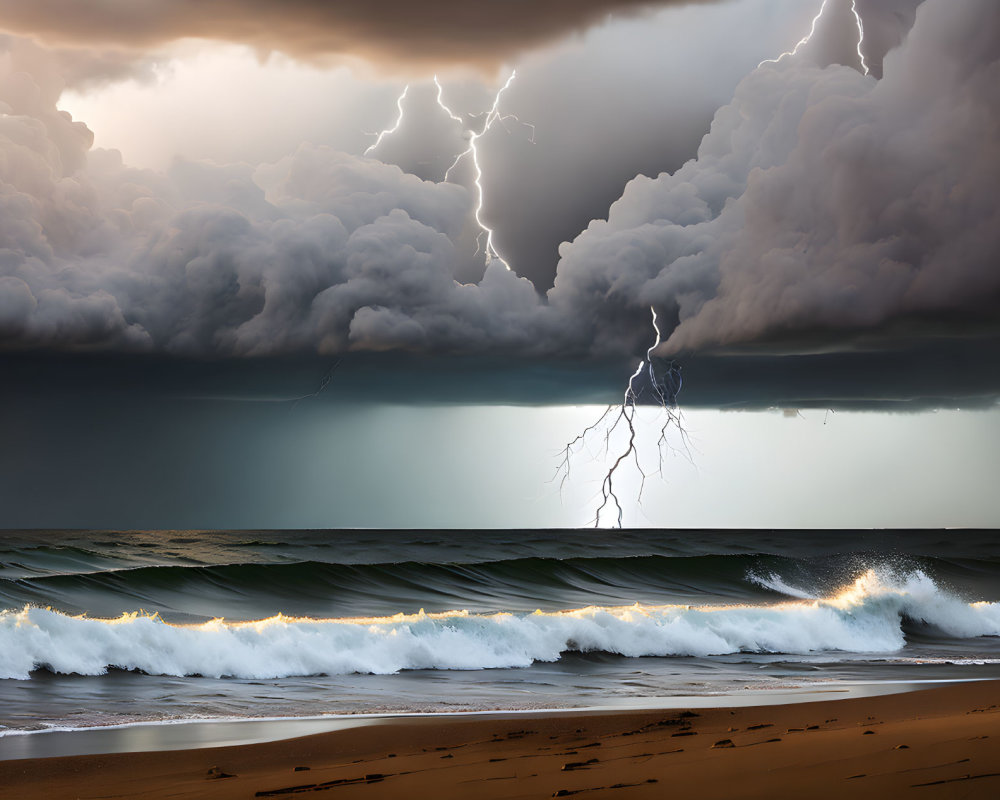 Stormy Seascape with Lightning Strikes and Tumultuous Waves