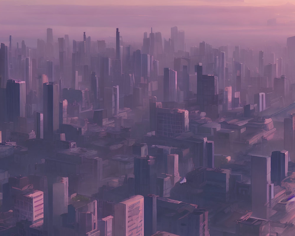 Futuristic cityscape with pink and purple hues and towering skyscrapers