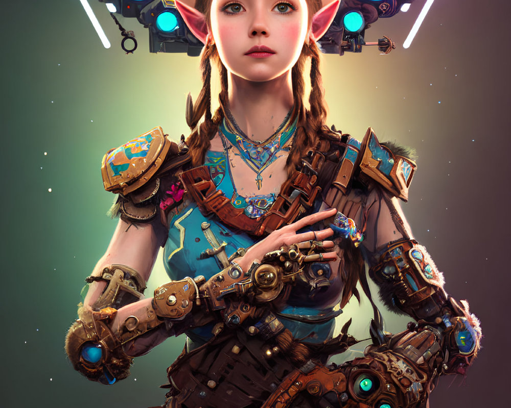 Female character in futuristic armor with elf-like ears in digital illustration