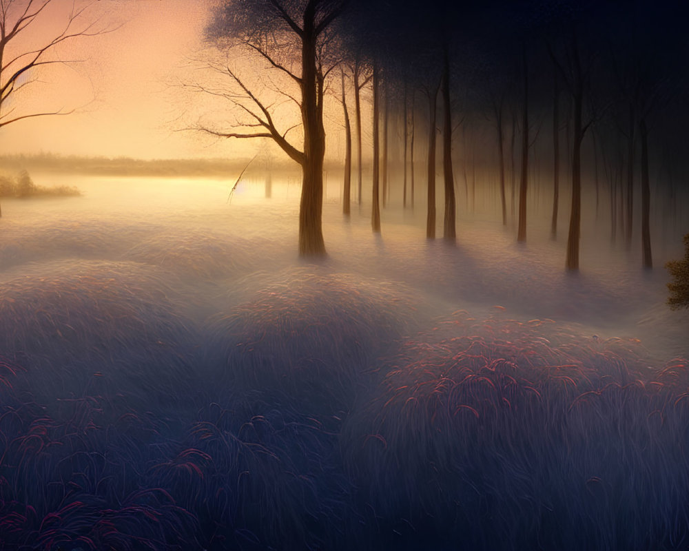 Serene forest at dusk with sunlight through mist illuminating trees and grasses