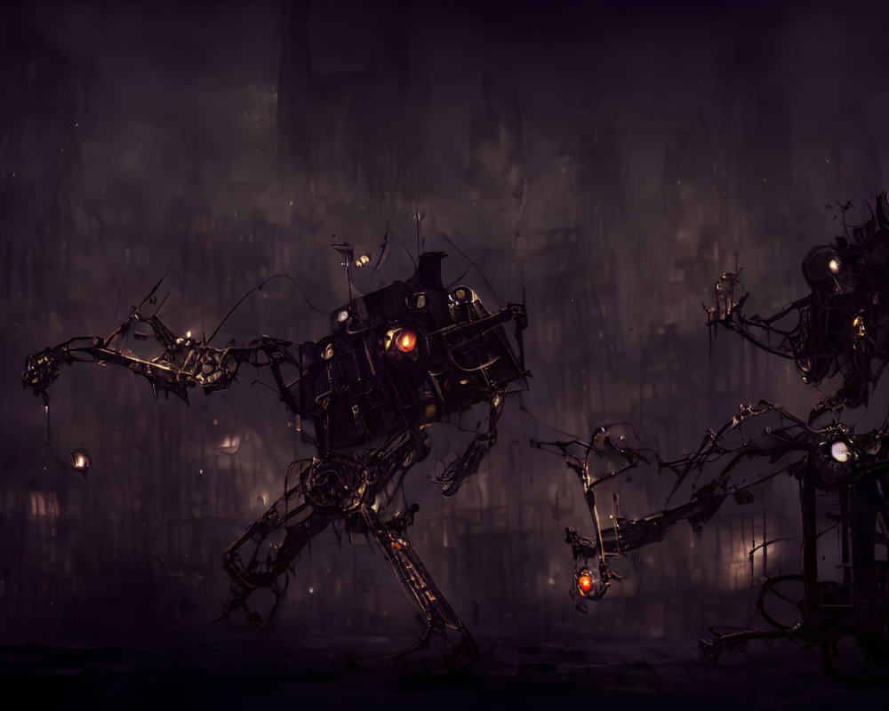 Dystopian artwork: spider-like robot in dark, industrial cityscape