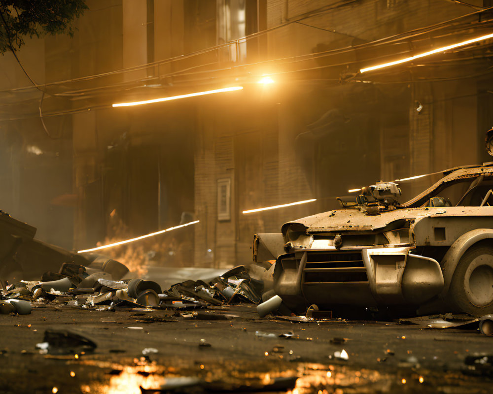 Destroyed city street with damaged vehicles and debris under dynamic light streaks