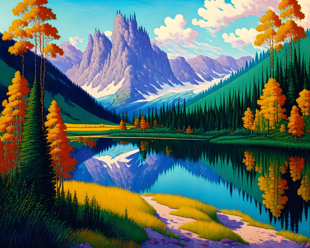 Colorful mountain reflection in lake amid autumn trees under blue sky