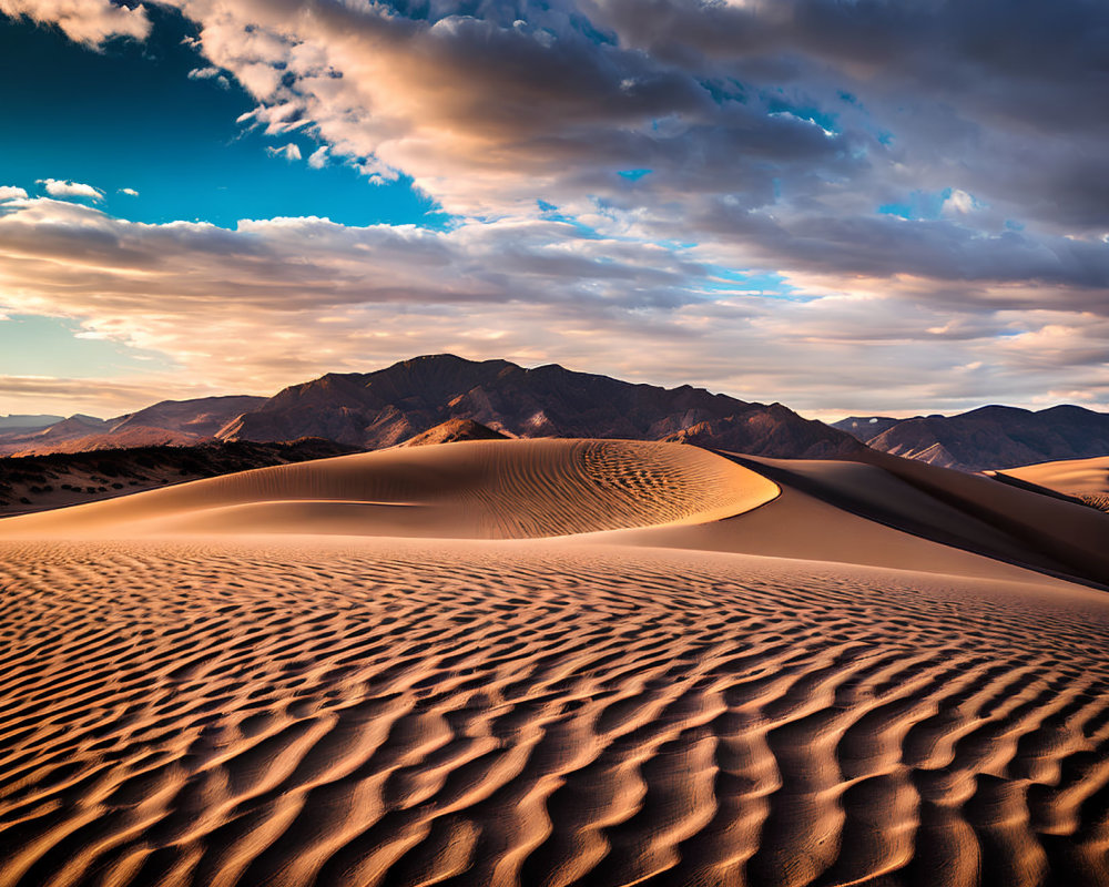 Scenic desert dunes under golden hour sky