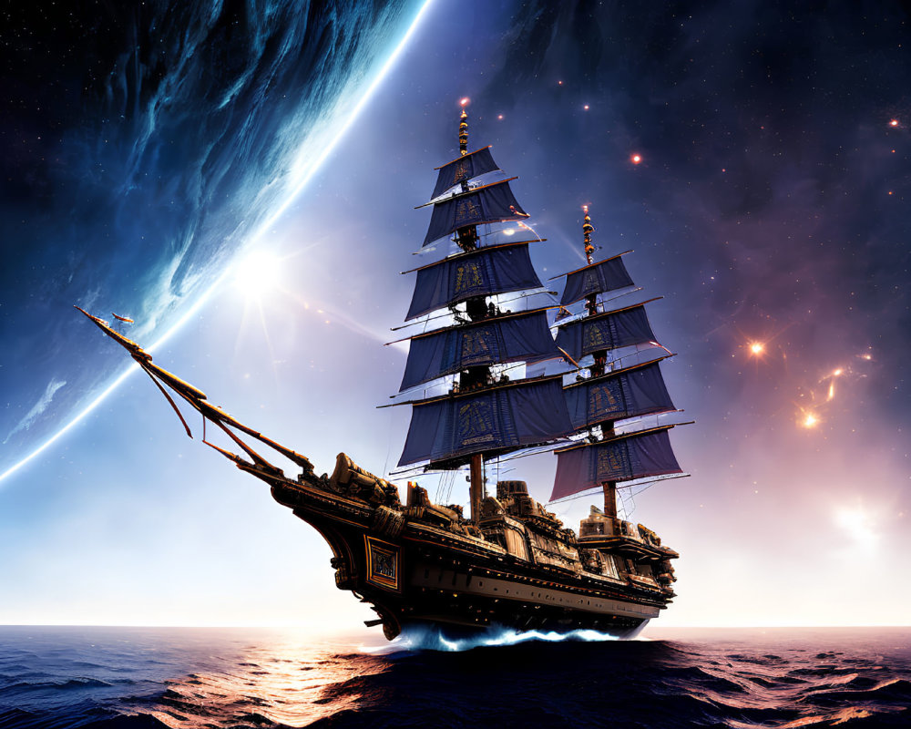 Majestic sailing ship in cosmic waters under starry sky