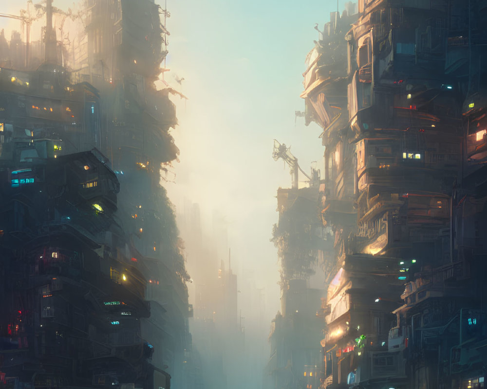 Futuristic cityscape with towering, haphazard structures in golden light