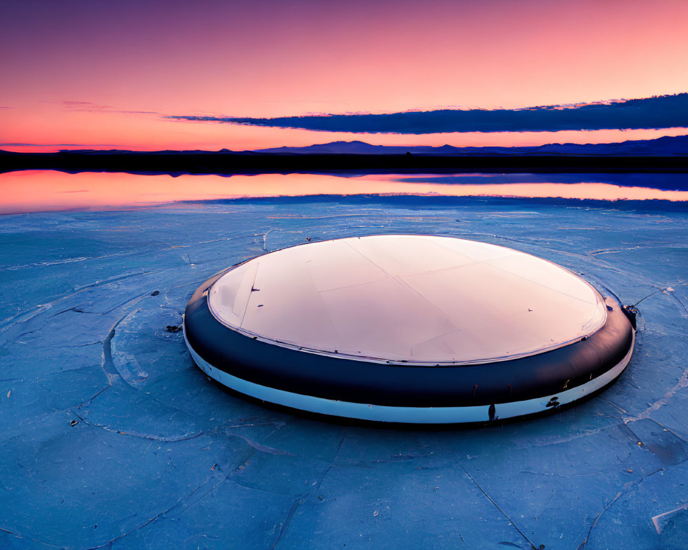 Overturned boat on cracked surface near tranquil water reflecting vibrant sunset