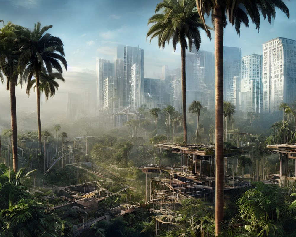 Overgrown futuristic cityscape with dilapidated buildings and palm trees