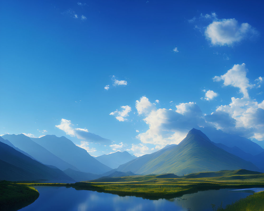 Tranquil lake with blue sky, clouds, grassy plains, and mountains