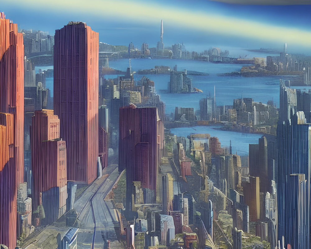 Futuristic cityscape with towering skyscrapers and central avenue under blue sky