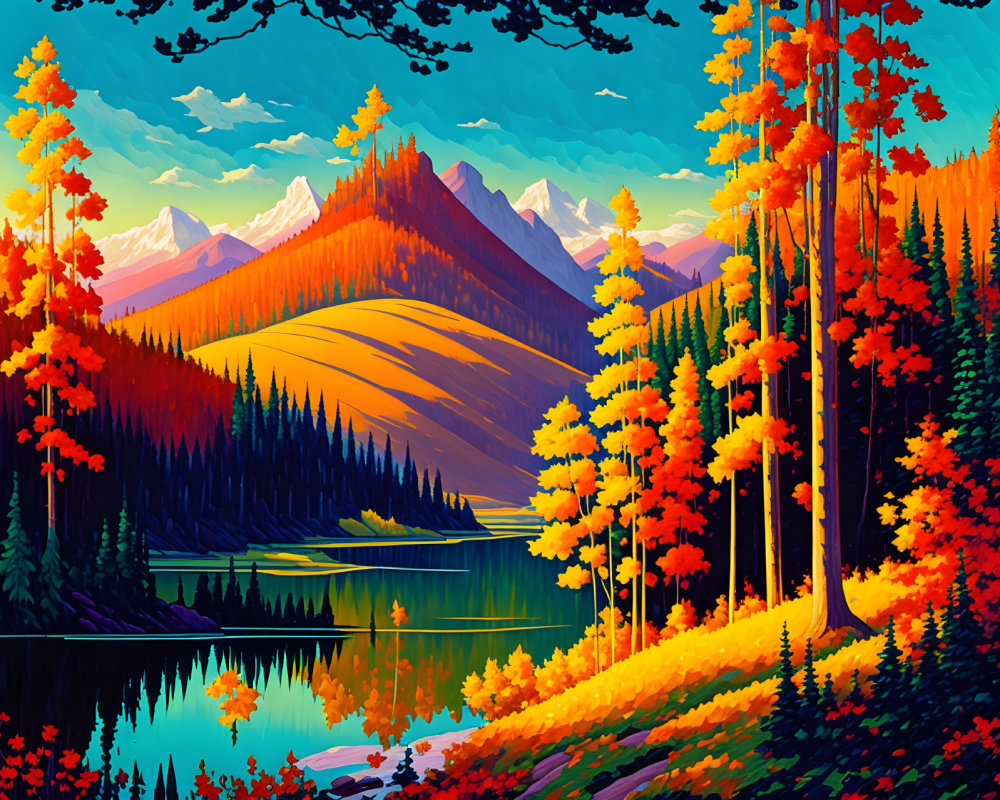 Scenic autumn landscape with lake, colorful foliage, forests, and mountains