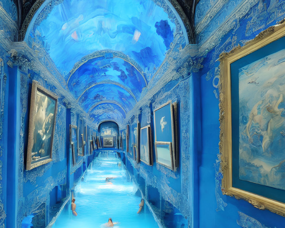 Ornate blue hallway transformed into surreal underwater scene