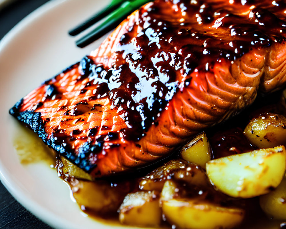 Succulent Grilled Salmon Fillet with Teriyaki Glaze on White Plate