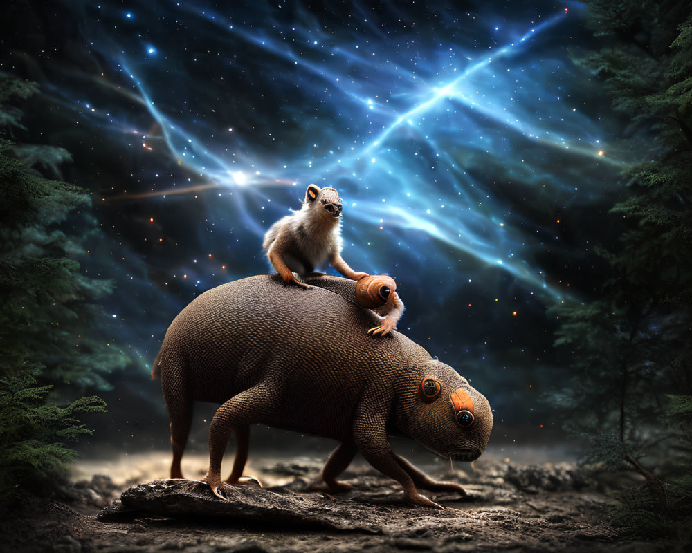 Armadillo with two creatures under starry night sky.