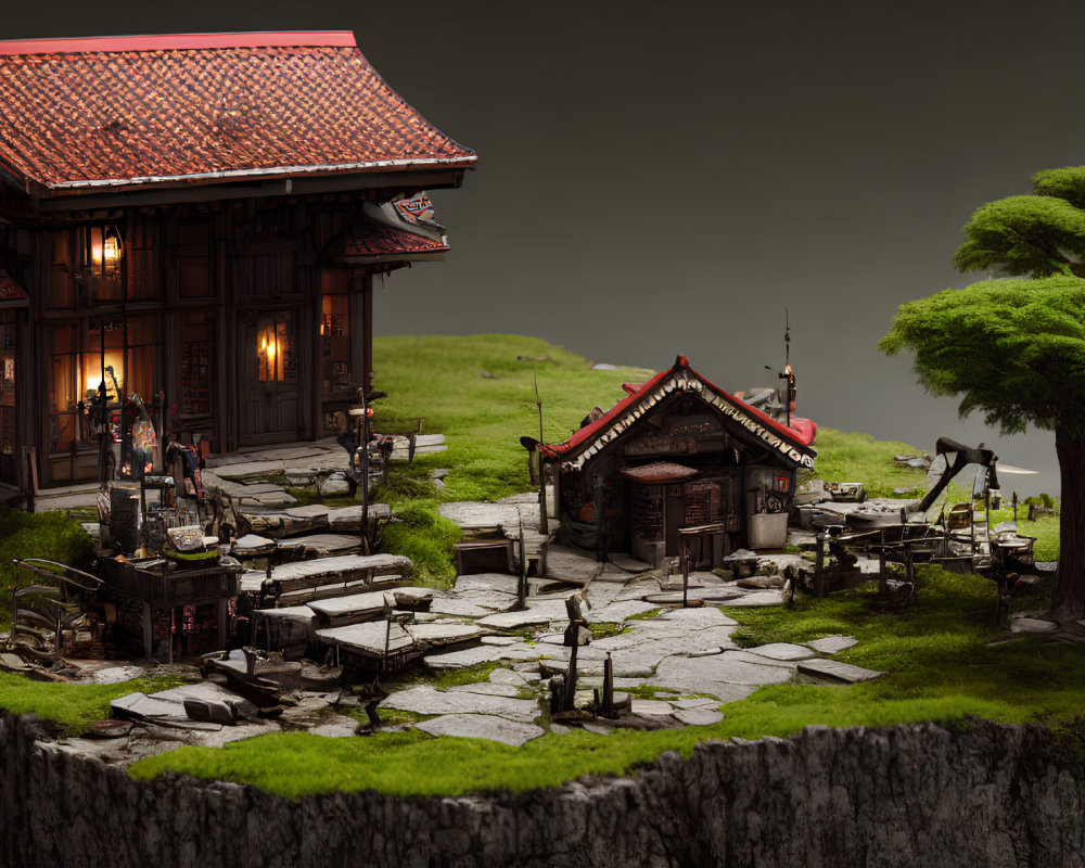 Detailed miniature model of traditional Japanese village scene with house, shrine, and small structures in nature.