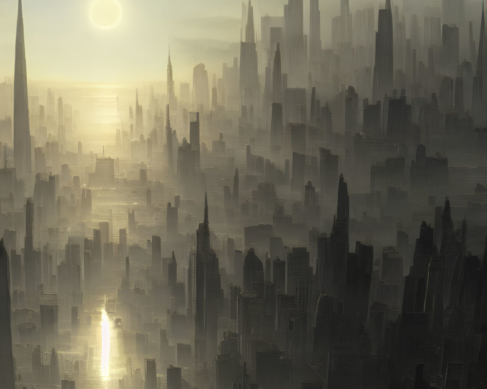 Dystopian cityscape at sunrise with sunbeams and skyscrapers