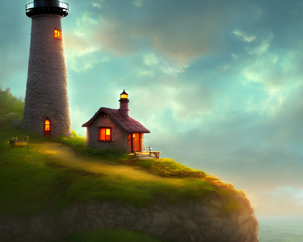 Tranquil digital artwork: lighthouse on cliff with cottage at sunset