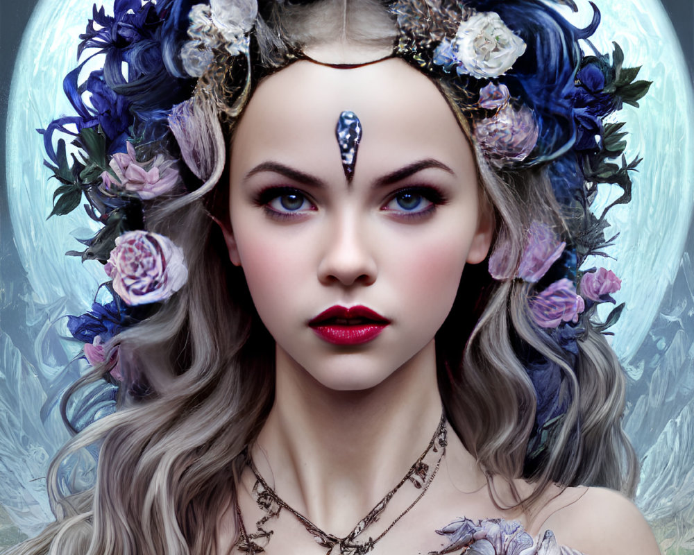 Portrait of Woman with Floral Crown and Mystical Jewelry Against Moody Floral Backdrop