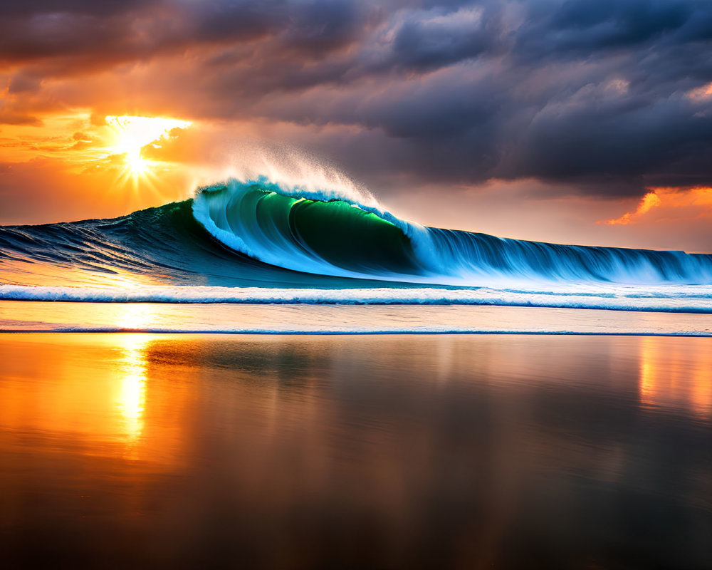 Dramatic sunset with majestic wave and golden light on wet beach