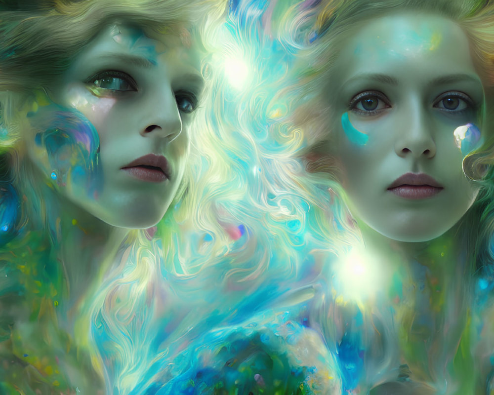 Two women with flowing hair and painted faces in dreamy setting