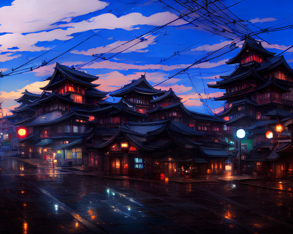 Futuristic cityscape with Japanese architecture at twilight