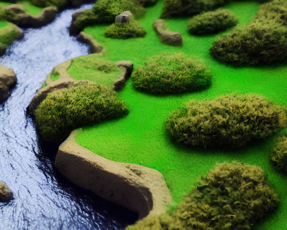 Miniature landscape featuring meandering blue river, lush green moss, and beige rock formations