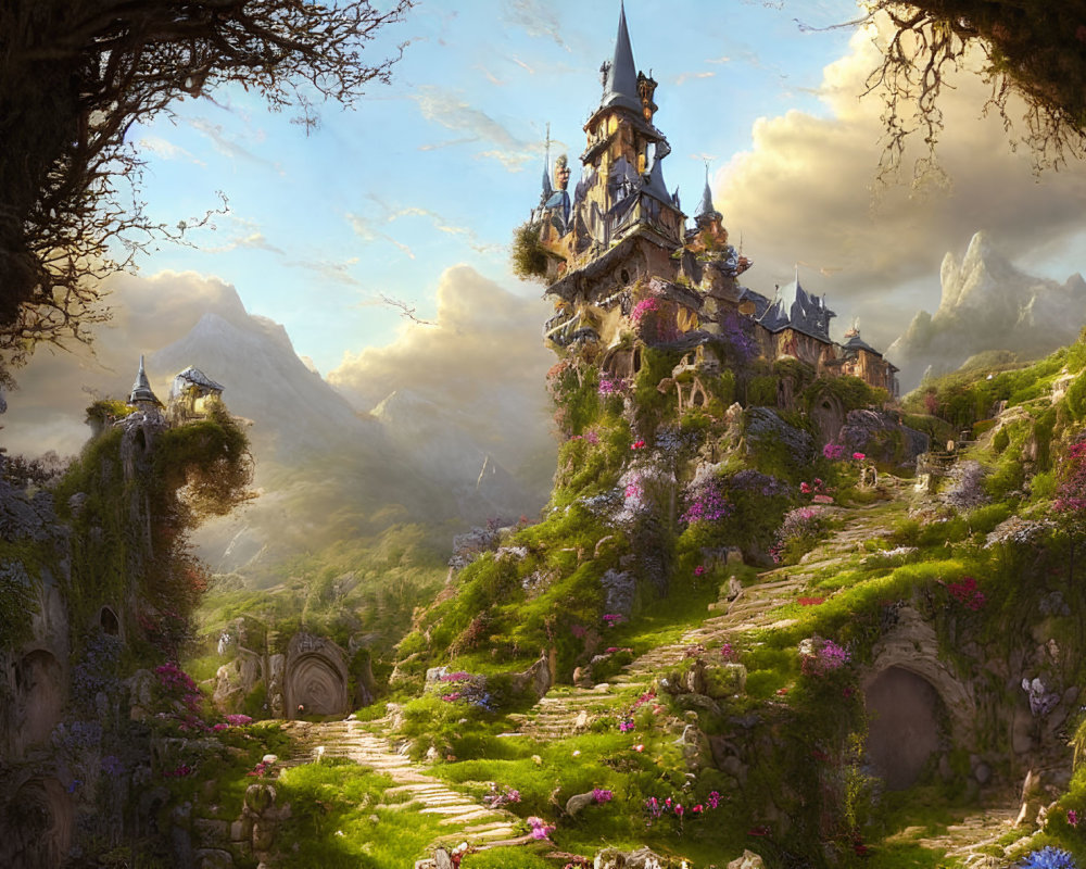 Majestic castle in lush fantasy landscape with cobblestone pathway