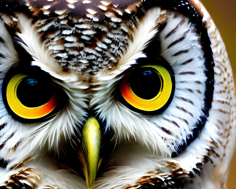 Detailed Close-Up of Owl with Intense Yellow Eyes and Mottled Plumage