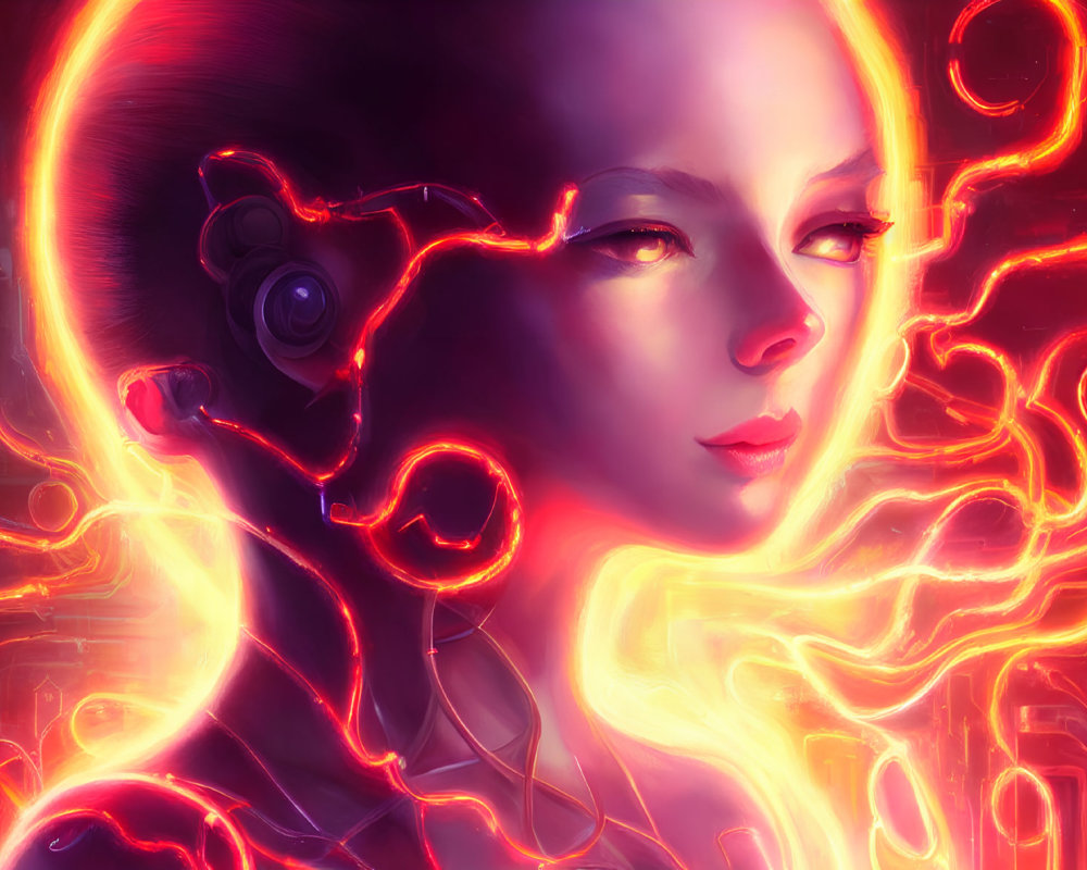 Cybernetic woman with glowing red neon contours on intricate skin patterns.