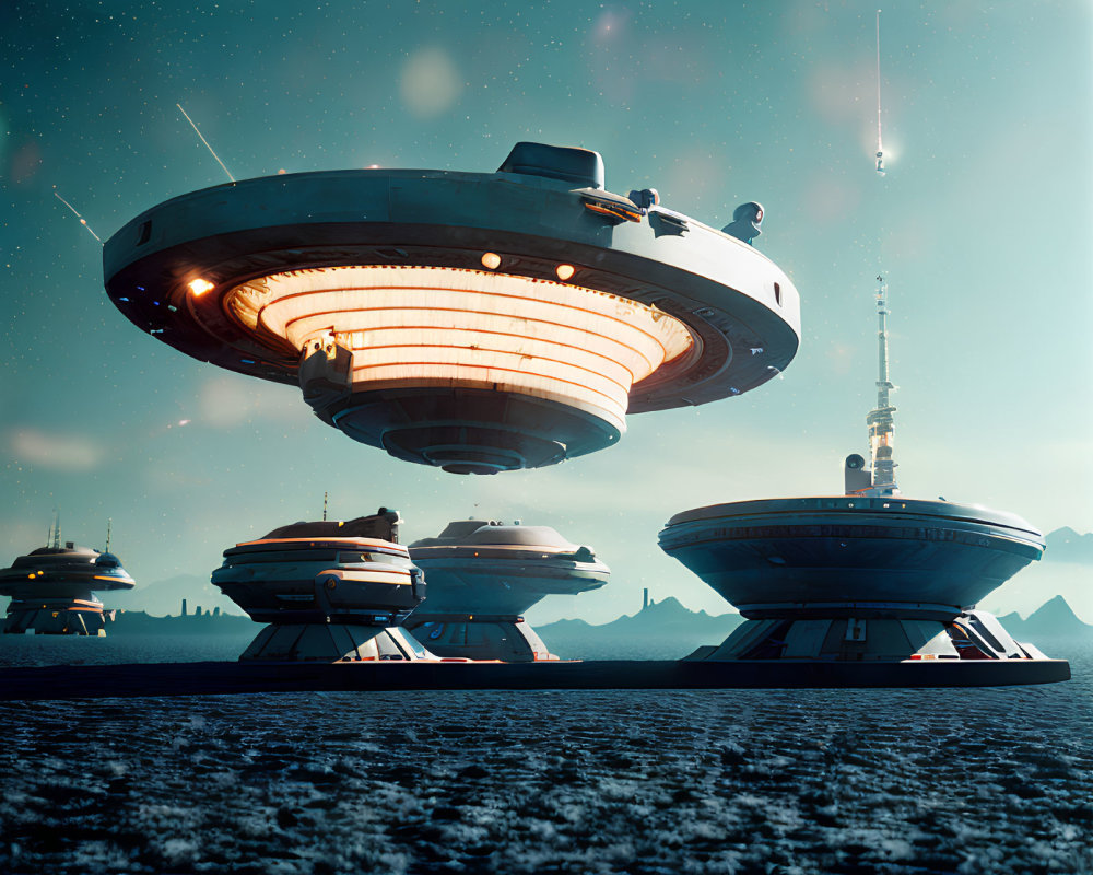 Futuristic saucer-shaped spaceships on snowy landscape at dusk