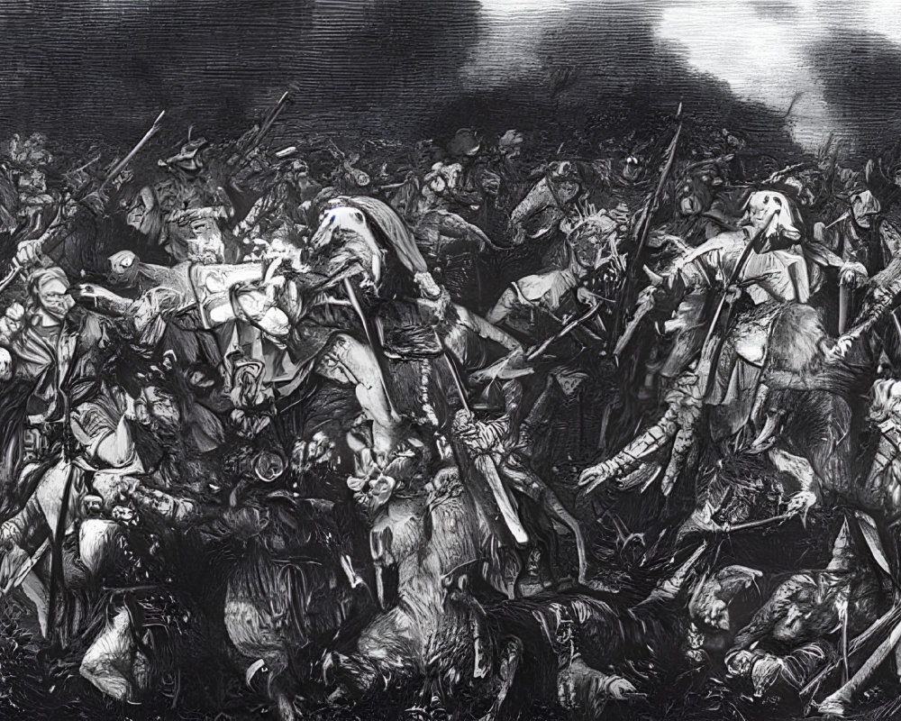 Monochrome chaotic battle scene with soldiers in melee combat