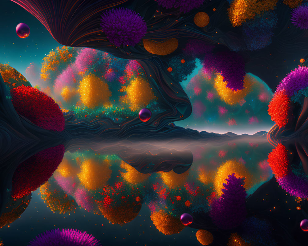 Colorful underwater digital artwork with coral-like structures and floating orbs.