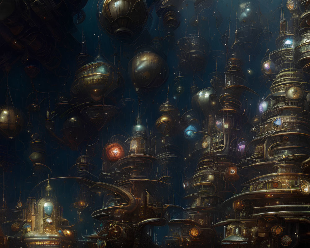 Detailed Sci-Fi Cityscape with Glowing Orbs and Cylindrical Structures