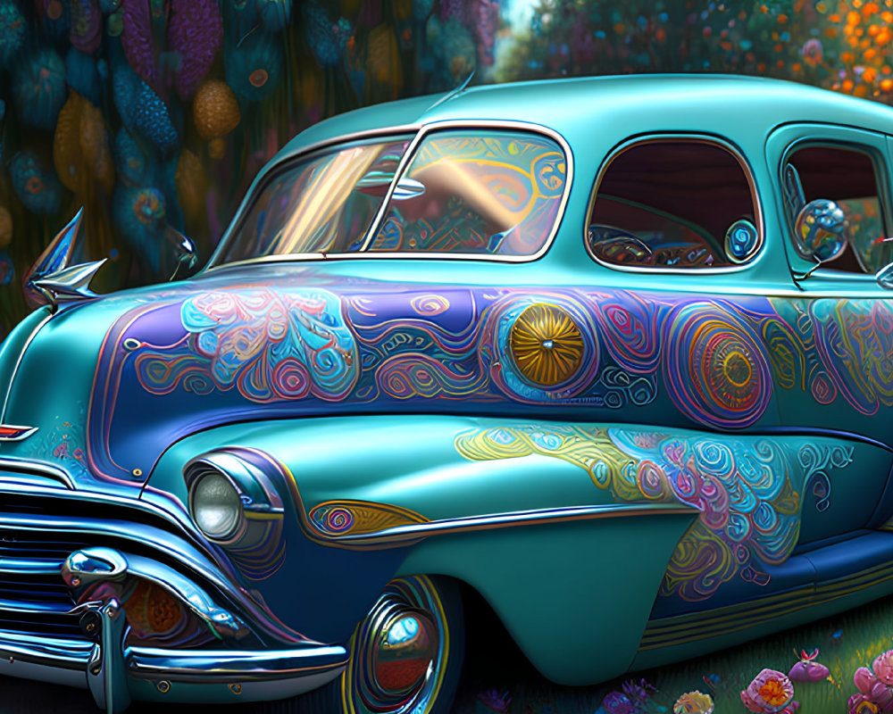 Vintage Car with Turquoise Finish and Psychedelic Patterns in Colorful Garden