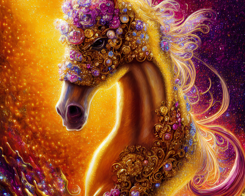 Vibrant golden horse with ornate jewelry in cosmic starry background