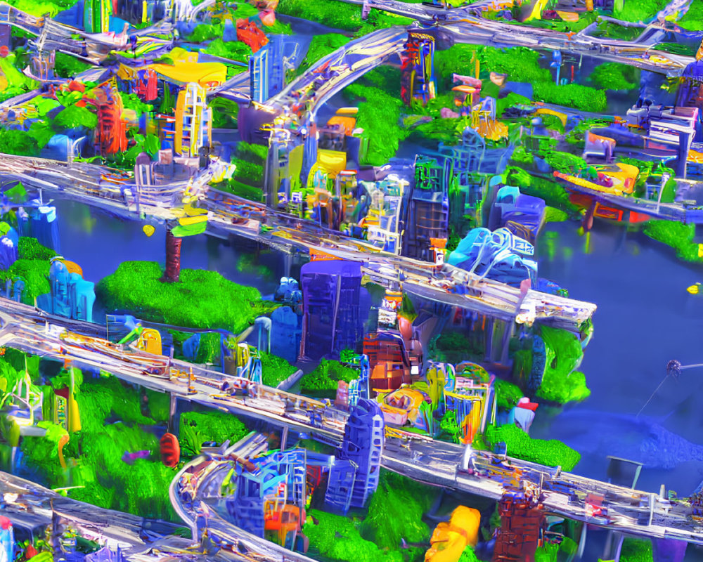 Colorful Cityscape with Skyscrapers, Highways, Parks, and River