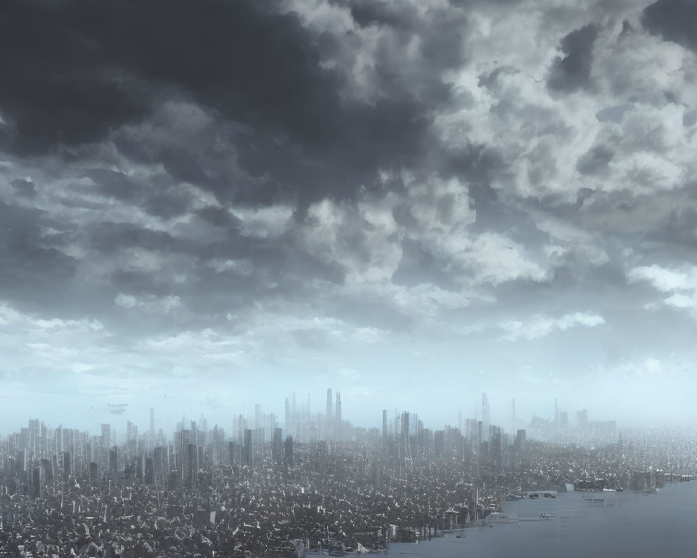 Dystopian cityscape under stormy sky with skyscrapers & water.