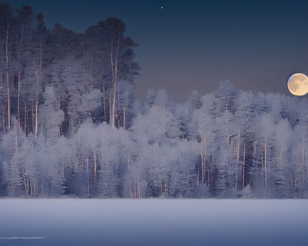 Snowy Winter Landscape with Full Moon and Frost-Covered Trees