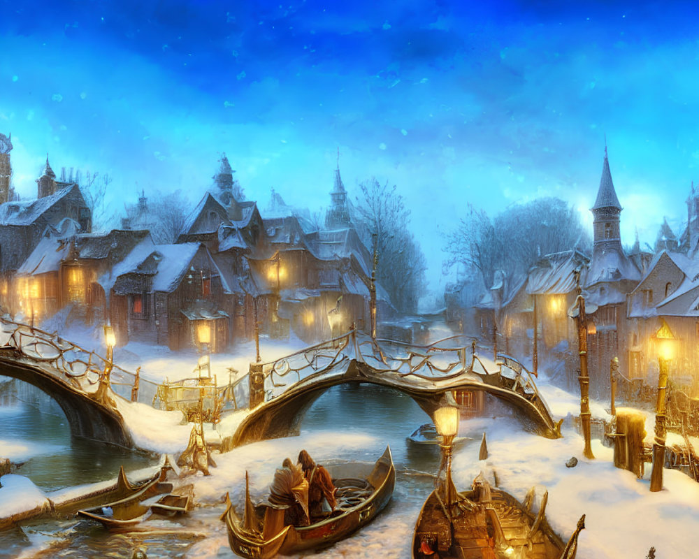 Snow-covered rooftops and ornate bridges in a twilight winter fantasy scene