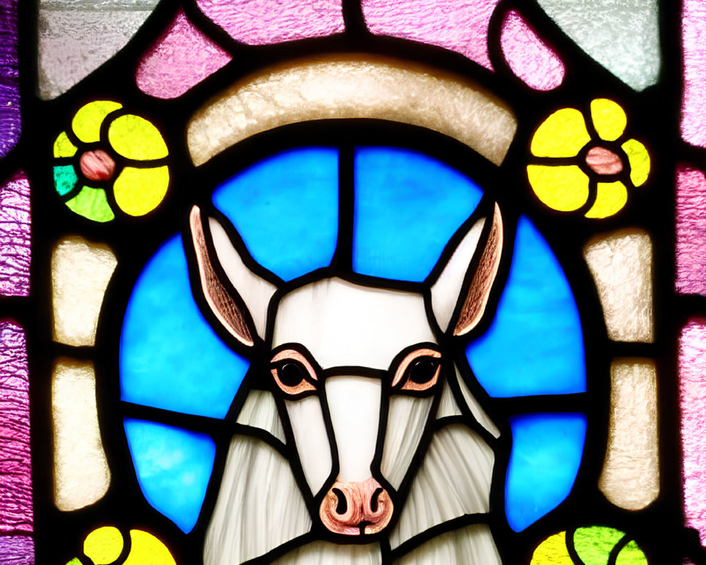 Colorful Stained Glass Window Featuring White Goat's Head