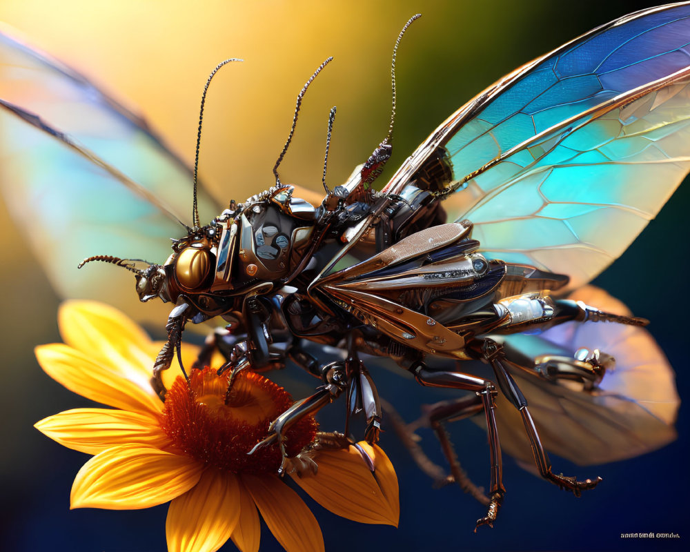 Detailed Mechanical Insect on Orange Flower with Iridescent Wings