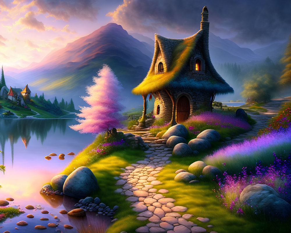 Charming cottage by tranquil lake at sunrise with vibrant flowers