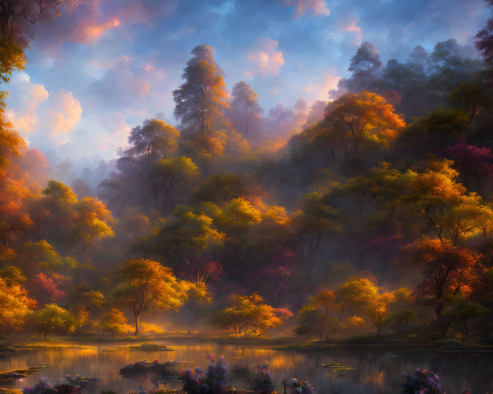 Tranquil lake with vivid autumn trees and dynamic pink and blue clouds